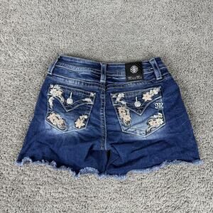 Miss Me Denim Shorts Womens 25 Blue Mid Rise Floral Embellished Back Pockets